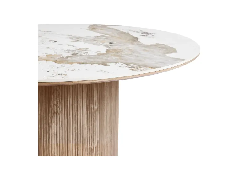 Table à manger ronde ATHÈNES Ø140 cm en céramique blanche et bois brun