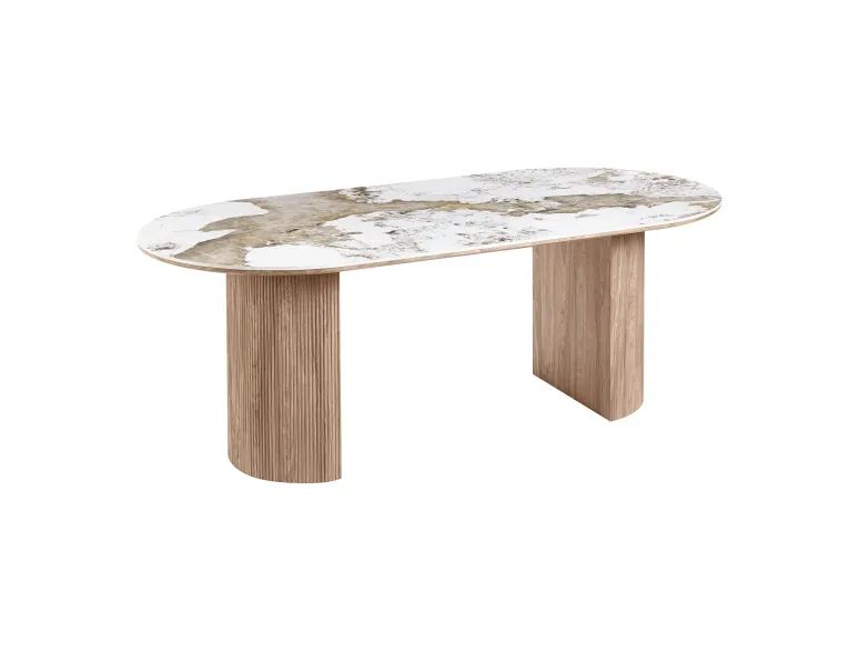 Table à manger ovale ATHÈNES 210 cm en céramique blanche et bois brun