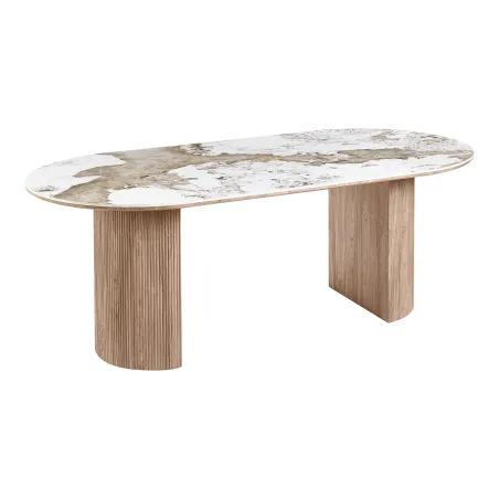 Table à manger ovale ATHÈNES 210 cm en céramique blanche et bois brun