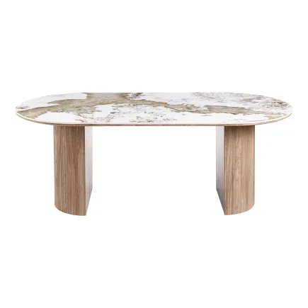 Table à manger ovale ATHÈNES 210 cm en céramique blanche et bois brun 2