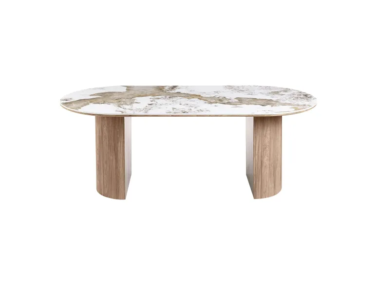 Table à manger ovale ATHÈNES 210 cm en céramique blanche et bois brun