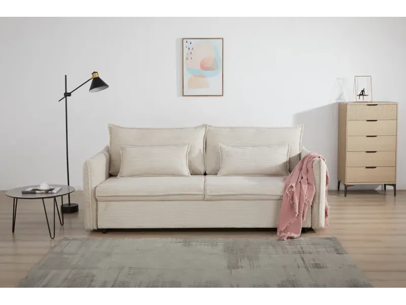 Canapé convertible 3 places beige avec rangement – canapé lit moderne | Decozzia