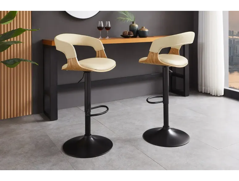 Tabouret de bar MANHATTAN pivotant beige crème et chêne | Decozzia
