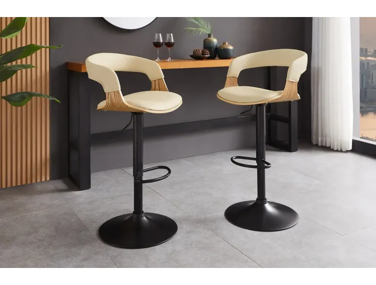 Tabouret de bar MANHATTAN pivotant beige crème et chêne | Decozzia