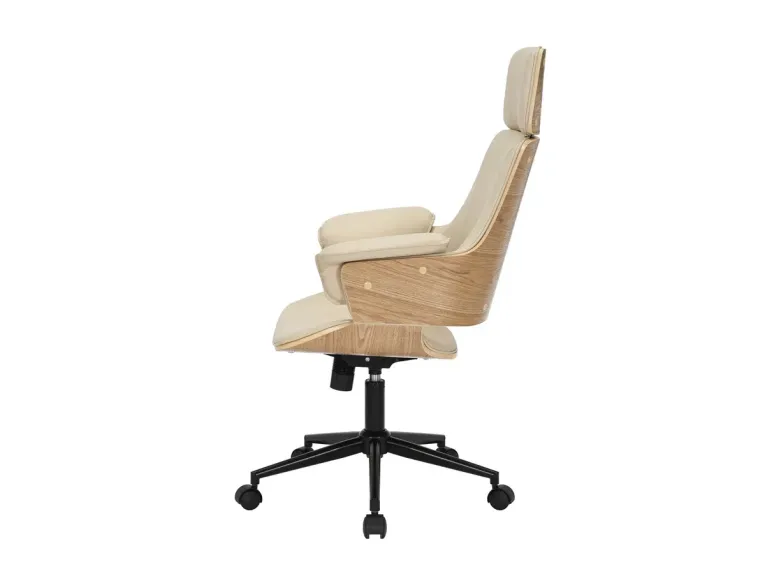 Chaise de bureau pivotante MANHATTAN similicuir beige crème et bois de chêne 44–54 cm