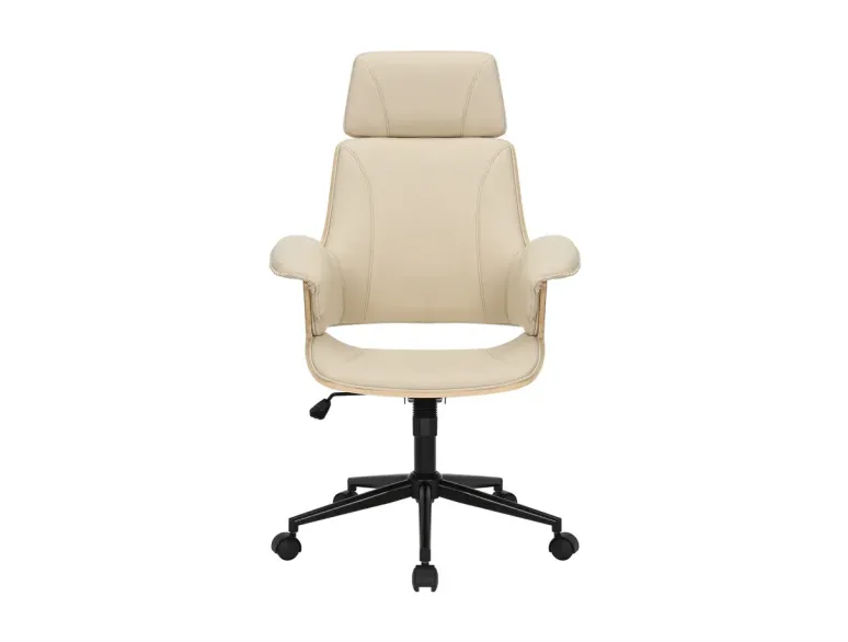 Chaise de bureau pivotante MANHATTAN similicuir beige crème et bois de chêne 44–54 cm