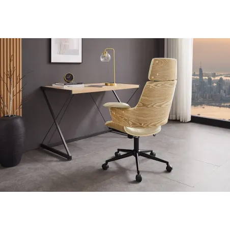 Chaise de bureau pivotante MANHATTAN similicuir beige crème et bois de chêne 44–54 cm