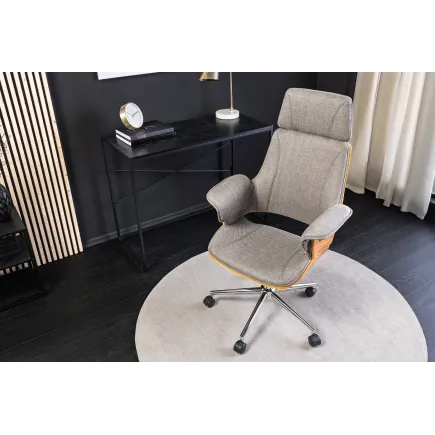 Chaise de bureau pivotante en tissu texturé gris et bois de noyer – Style moderne MANHATTAN 44–54 cm