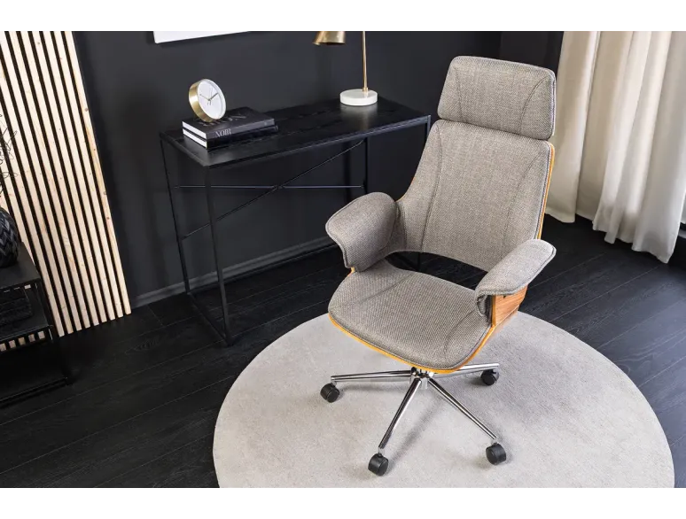 Chaise de bureau pivotante en tissu texturé gris et bois de noyer – Style moderne MANHATTAN 44–54 cm