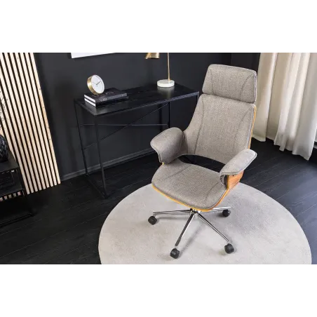 Chaise de bureau pivotante en tissu texturé gris et bois de noyer – Style moderne MANHATTAN 44–54 cm
