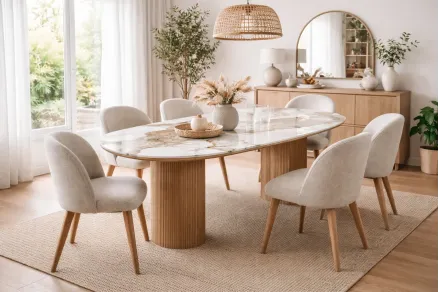 Table à manger ovale en céramique blanche et bois brun moderne 210 cm – ATHÈNES
