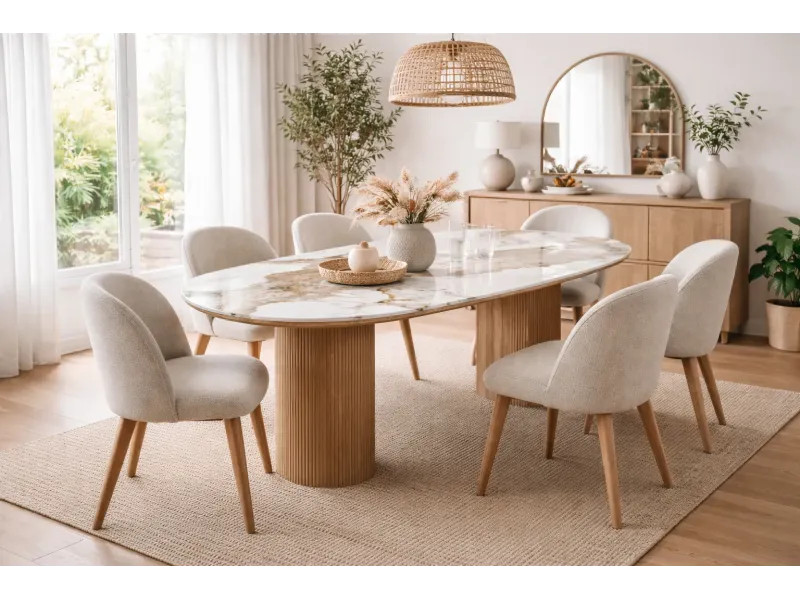 Table à manger ovale en céramique blanche et bois brun moderne 210 cm – ATHÈNES