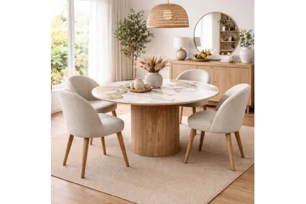 Table à manger ronde ATHÈNES Ø140 cm en céramique blanche et bois brun
