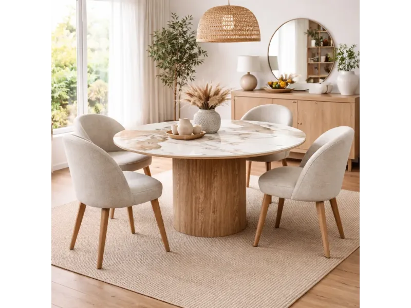 Table à manger ronde ATHÈNES Ø140 cm en céramique blanche et bois brun