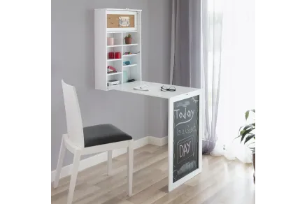 Bureau Mural Rabattable avec Ardoise et Liège – Blanc | Decozzia