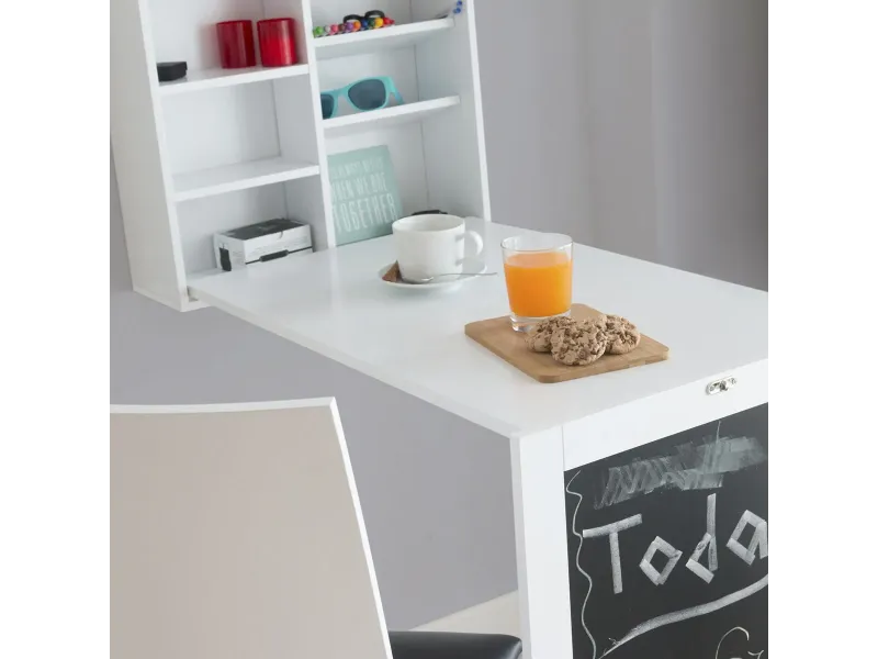 Bureau Mural Rabattable avec Ardoise et Liège – Blanc | Decozzia