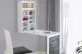 Bureau mural rabattable blanc — ardoise, liège et étagères intégrées