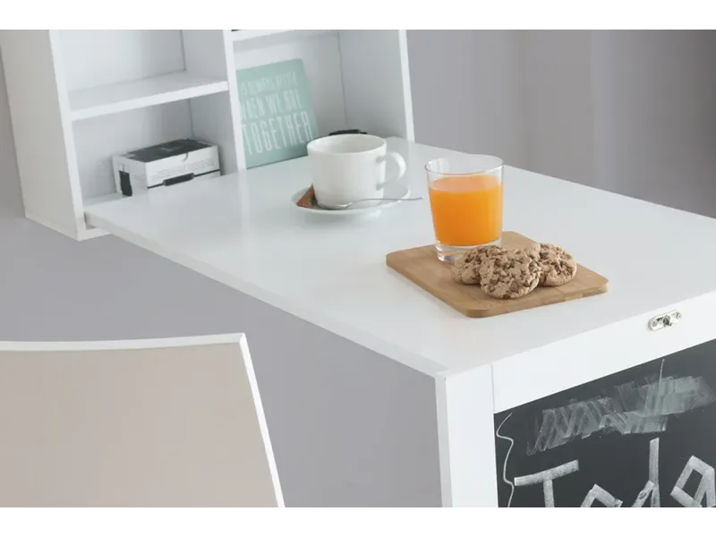 Bureau mural rabattable petit espace blanc | Bureau gain de place avec rangement – Decozzia
