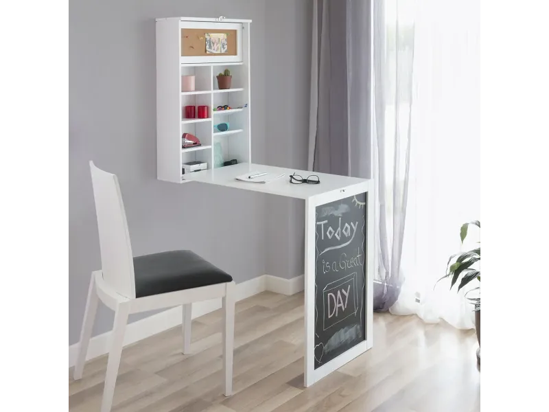 Bureau mural rabattable blanc — ardoise, liège et étagères intégrées