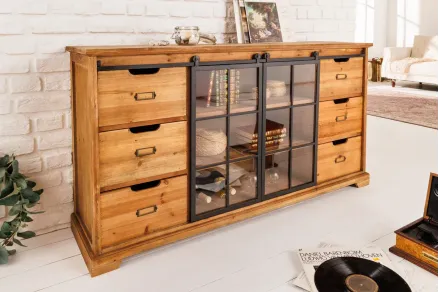 Buffet HENRY  Bois Massif  150 cm – 6 Tiroirs, Portes Coulissantes Vitrées Industrielles – Rangement Salon & Salle à Manger