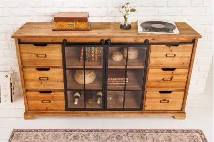 Buffet HENRY  Bois Massif  150 cm – 6 Tiroirs, Portes Coulissantes Vitrées Industrielles – Rangement Salon & Salle à Manger 2