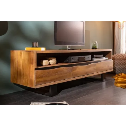 Meuble TV en bois massif d’acacia 160 cm – Design miel et noir avec rangements élégants 2