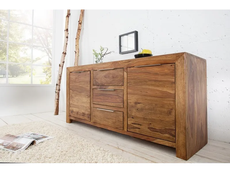 Buffet enfilade bois massif 140 cm à 2 portes et 3 tiroirs