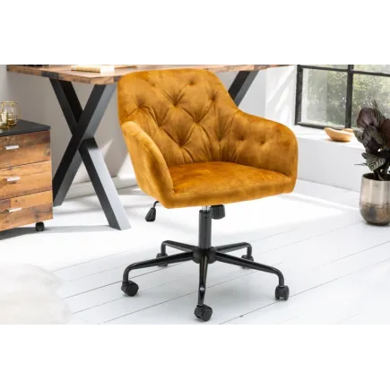 Chaise de bureau en velours coloris  jaune moutarde avec un dossier capitonné 2