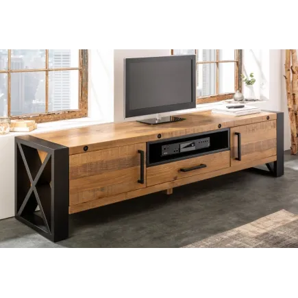 Meuble TV de 200cm en bois massif de style industriel coloris bois et noir