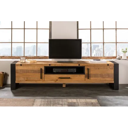Meuble TV de 200cm en bois massif de style industriel coloris bois et noir 2
