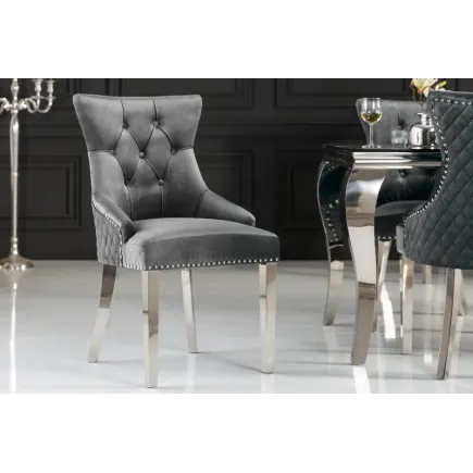 Chaise salle à manger LISA, élégante, en velours, gris, design baroque