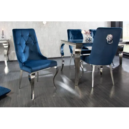 Chaises design capitonné PAULA avec pied baroque en acier inoxydable, velours, bleu
