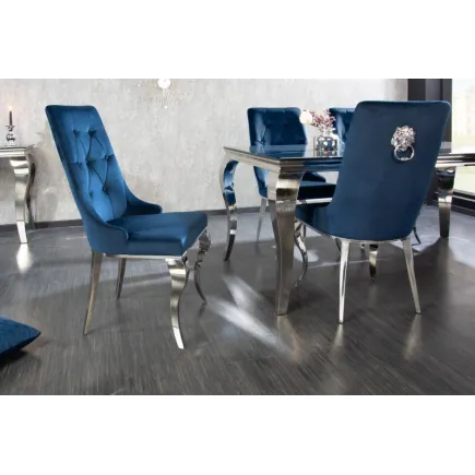 Chaises design capitonné PAULA avec pied baroque en acier inoxydable, velours, bleu 2