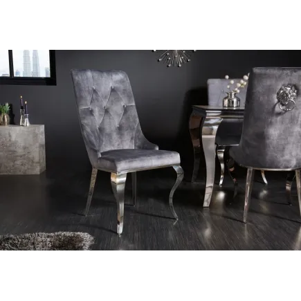 Chaises design capitonné PAULA avec pied baroque en acier inoxydable, velours, gris