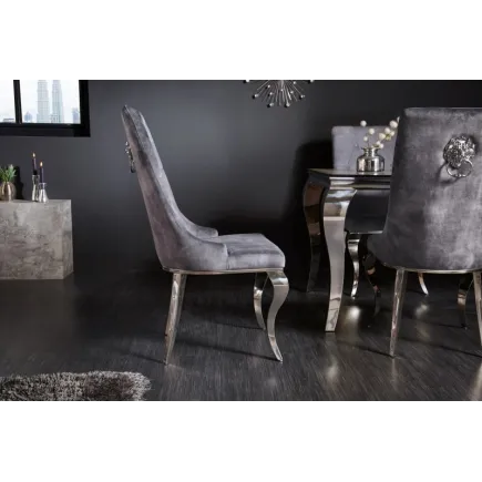 Chaises design capitonné PAULA avec pied baroque en acier inoxydable, velours, gris 2