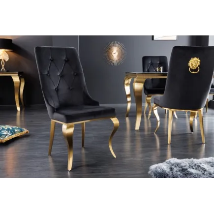 Chaises design capitonné PAULA avec pied baroque en acier inoxydable, velours, noir, doré