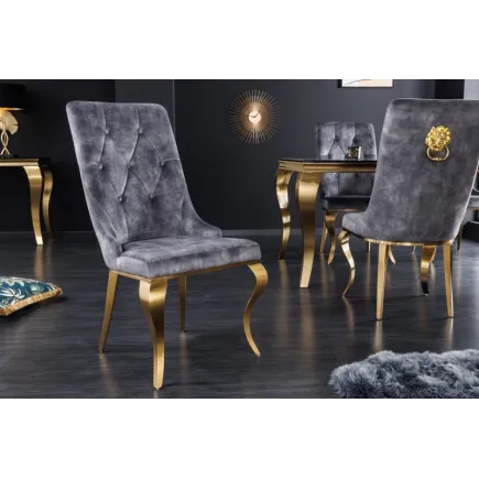 Chaises design capitonné PAULA avec pied baroque en acier inoxydable, velours, gris, doré