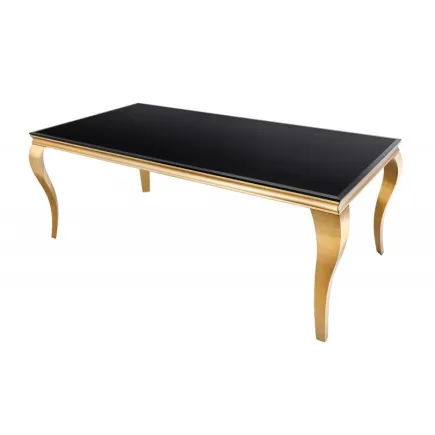 TABLE DE SALLE À MANGER 180cm DESIGN BAROQUE EN ACIER DORÉ ET VERRE OPALE NOIR