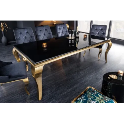 TABLE DE SALLE À MANGER 200cm DESIGN BAROQUE EN ACIER DORÉ ET VERRE OPALE NOIR 2