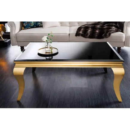 Table basse 100cm verre opale noir de style baroque pieds doré