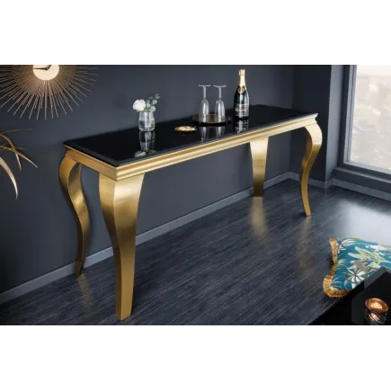 Console design baroque de 140cm verre opale noir pieds doré