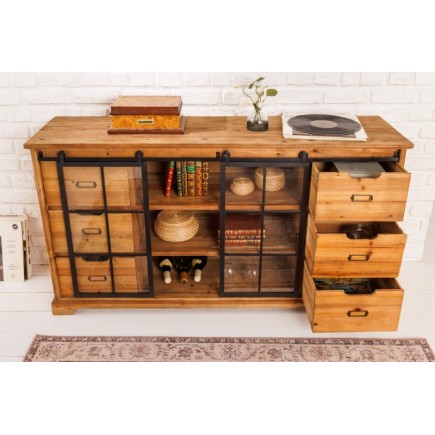 Bahut massif HENRY 150cm sapin naturel portes industrielles vitrine métal 2