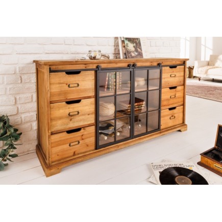 Bahut massif HENRY 150cm sapin naturel portes industrielles vitrine métal