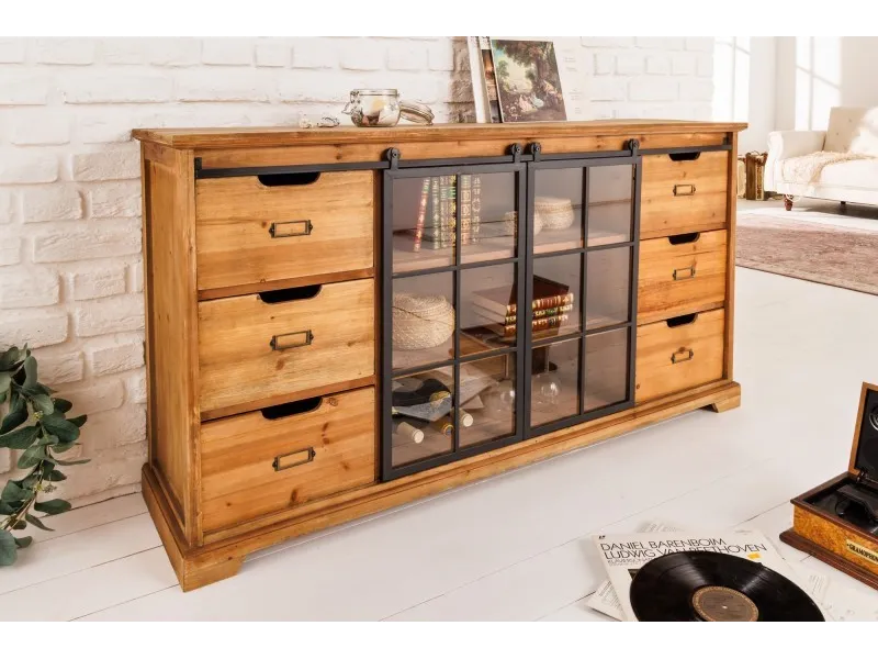 Bahut massif HENRY 150cm sapin naturel portes industrielles vitrine métal