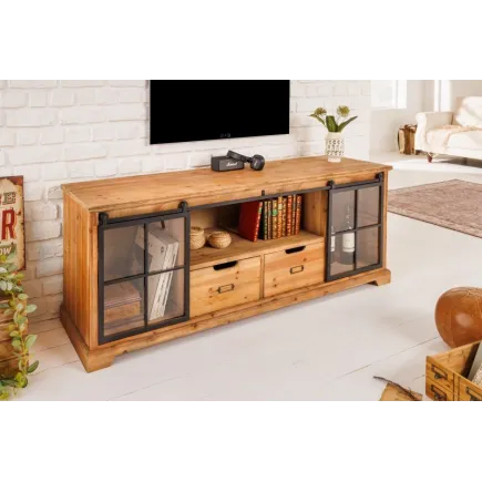 Meuble TV HENRY en bois sapin industriel 160 cm avec 2 portes coulissantes