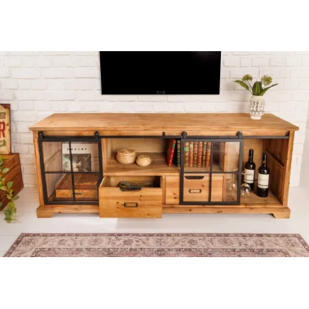 Meuble TV HENRY en bois sapin industriel 160 cm avec 2 portes coulissantes 2
