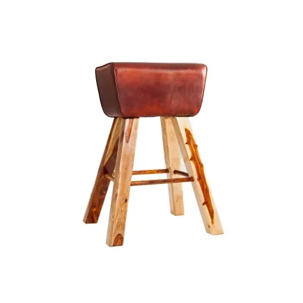Tabouret design en bois massif et cuir marron