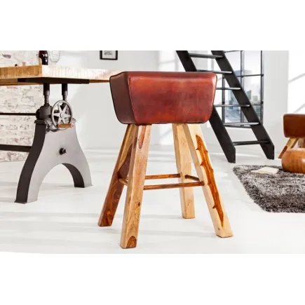 Tabouret design en bois massif et cuir marron 2