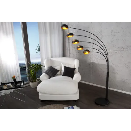 Lampadaire sur pied design arc 5 boules en métal teinté noir et doré