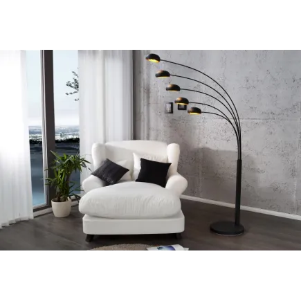 Lampadaire sur pied design arc 5 boules en métal teinté noir et doré 2